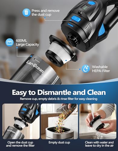 LanOcean Aspirador de Mano Potente con Estación de Carga, 25000Pa Aspirador Coche con Iluminación LED | 2 Filtro HEPA Lavable, 120W Húmedo y Seco Mini Aspiradora Portatil para Coche Hogar Cocina