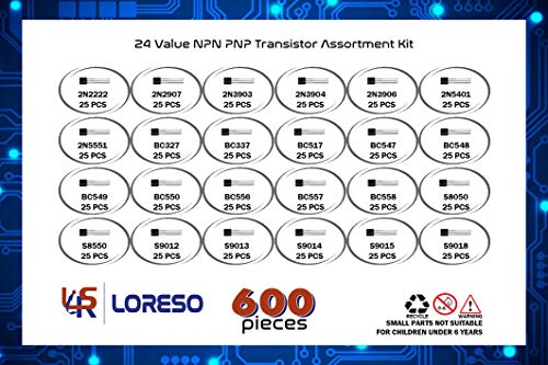LSR Loreso 24 Value 600pcs Transistor Assortment Kit Box 2N2222 2N2907 BC327 BC337 BC556 2N3903 S9012 for Hobby Electronics Audio Video Car Repair Electronic Project