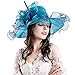Women Foldable Organza Church Derby Hat Ruffles Wide Brim, Blue, Size Adjustable