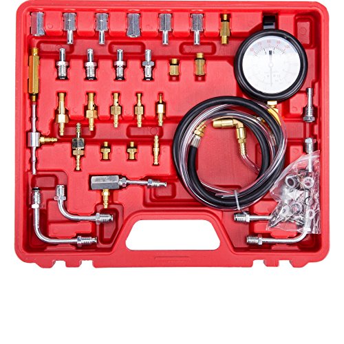 OrionMotorTech Professional Fuel Injection Pressure Tester Gauge Tool Kit with Complate Adapter Fitting Set,Dual Scale for Max 140 PSI (10 Bar)