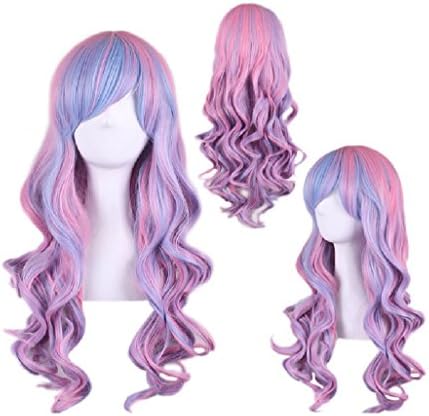 Obaile Cosplay Wig 30 inches Gradient color Long Curly Wig Hair Synthetic Party Hair Extensions(Blue & Pink)