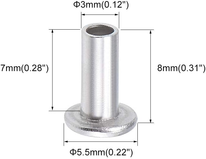 sourcing map 100 Pcs 3mm x 7mm Aluminum Flat Head Semi-Tubular Rivets Silver Tone, M3 x 7mm - Image 3