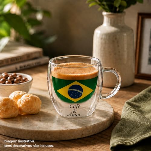 Conjunto com 6 Xícaras de 110ml em Vidro Borossilicato de Parede Dupla com Alça para Café Espresso Chá Cappuccino e Bebidas Quentes (KIT COM 6 PEÇAS)