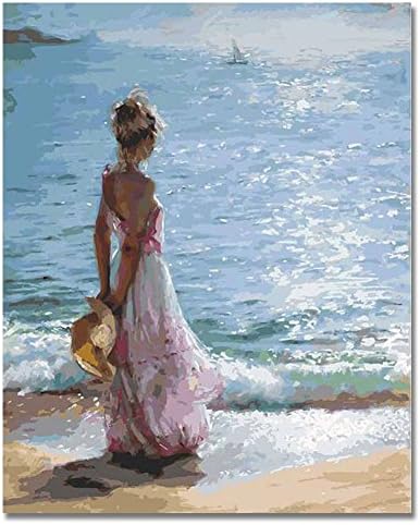 KOTWDQ Girl DIY Oil Painting Paint By Number Kit-Facing the Sea 16x20 Inch (Frameless) Without Frame D1005134