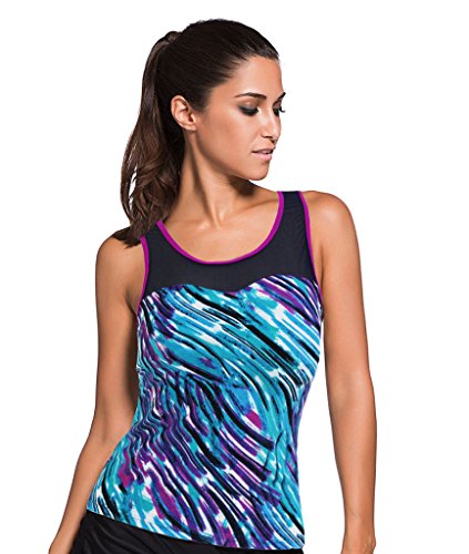 Aleumdr Purple Trim Greenish Graffiti Print Mesh Splice Tankini Top XL Aleumdr Purple Trim Greenish Graffiti Print Mesh Splice Tankini Top XL