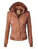 MBJ Womens Faux Fur Hooded Vegan Leather Jacket