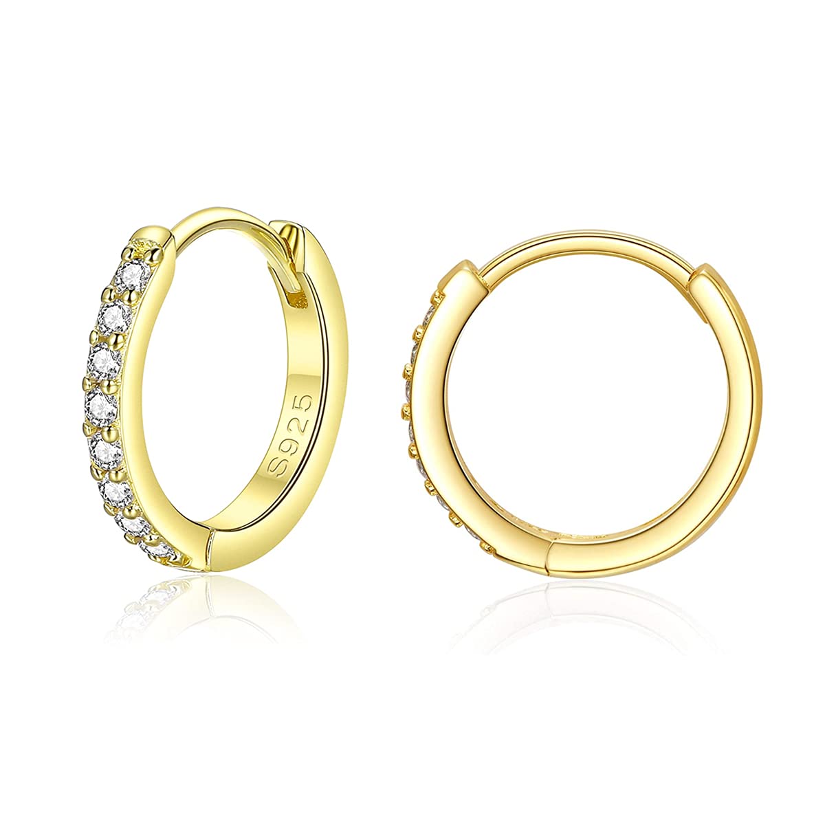 Deyanse Silver Hoops Earrings for Women, 925 Sterling Silver Gold Hoop Earrings with Cubic Zirconia, Sterling Silver Small Sleeper Huggie Hinged Hoop Earring, 14mm Silver Unisex Hoops Earring