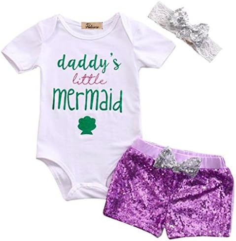 All Things Isabella Daddy's Little Mermaid Infant Romper Plus Sequin Bow Shorts With Headband 3 Piece Outfit Set
