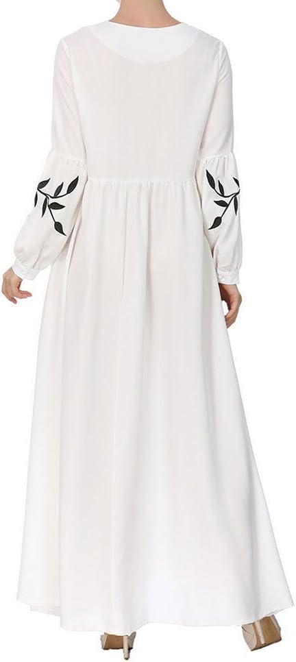 Clearance!Women Summer Loose Chiffon Maxi Dress Retro Floral Print Embroidery Lantern Sleeve O-neck Elegant Long Dress (XL, White)