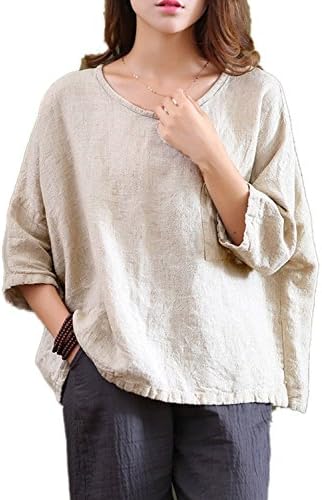 Women Linen Cotton T-Shirt Baggy Plus Size Scoop Neck Batwing Top
