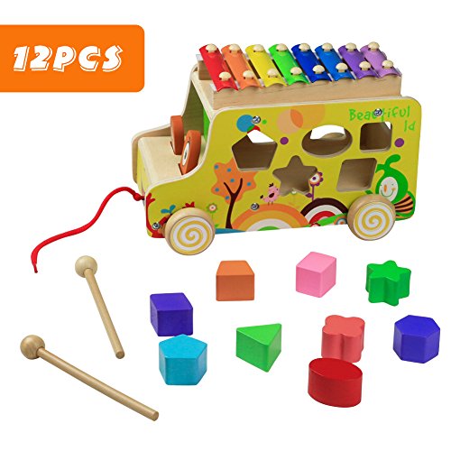 Wooden Toys Pull Cars Xylophone Knock Musical Instruments Animal Xylophones 8 Keys with 2 Mallets 10 Shape Blocks for Kids Toddlers Girls Boys 3 4 5 Years