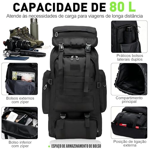 Mochila de Viagem 80L Impermeável para Camping e Trilha, Mochila Esportiva Grande Multifuncional com Compartimentos Amplos, Alças Confortáveis e Suporte para Equipamentos Outdoor, Camuflado