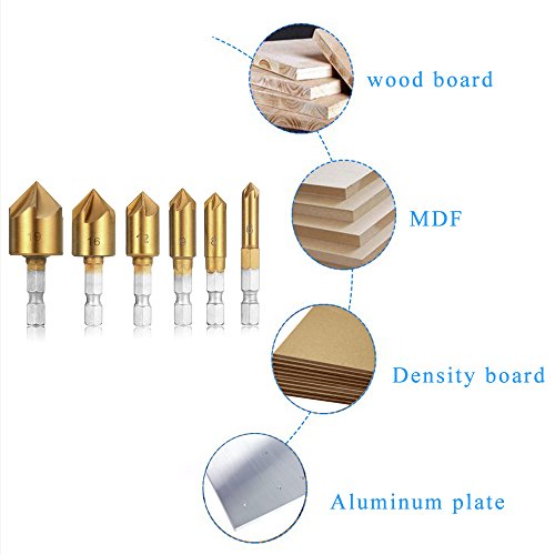Dayree Countersink Drill Bits Center Punch Tool Sets, 6 pcs 90 Degree HSS 6 mm-19 mm Five-blade Chamfering Cutter and 1 pcs Brass Automatic Punch with 1/4'' Hex Shank for Wood Quick Change Bit