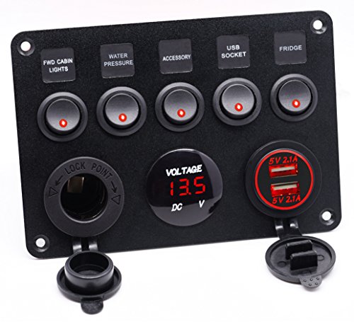 Cllena Dual USB Socket Charger 2.1A&2.1A + LED Voltmeter + 12V Power Outlet + 5 Gang ON-Off Toggle Switch Multi-Functions Panel for Car Boat Marine RV Truck Camper Vehicles GPS Mobiles (Red)