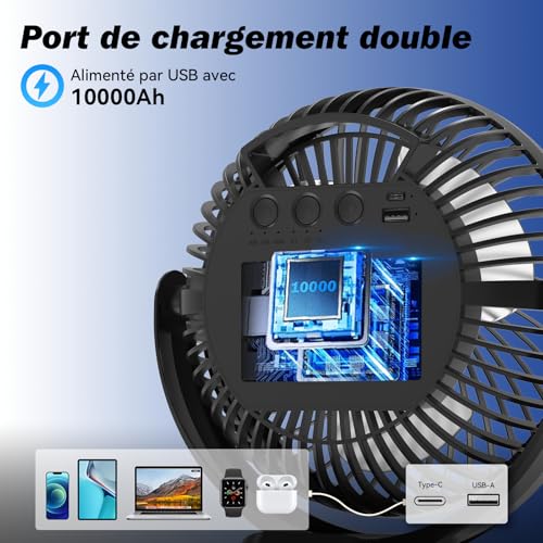 Ateroll Desk Fan Clamp 10000 mAh Remote Control, 3 Speed, USB Battery Timer & LED Lights, 360° Rotation Portable Silent Fan Powered Batteries for Car, Camping