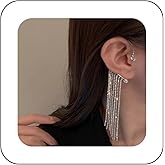 Zeshimb Boho Rhinestone Ear Cuff Long Crystal Tassel Dangle Earrings Gold Wedding Drop Crystal Chandelier Glitter Bridal Jewelry for Women and Girls