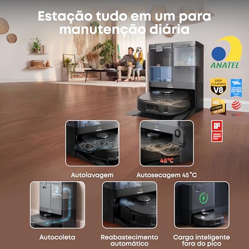 eufy X10 Pro Omni Robô Aspirador da Anker, Estação Completa, Até 68 Dias Sem Manutenção, Lava e Seca com Ar Quente a 45°C, Esvazia Pó e Repõe Água, IA e Laser, Antiembaraço, para Pets, 220V