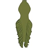 GORGLITTER Women's Ruched Color Block Halter Midi Dress Elegant Classy Backless Summer Teacher Vegas Cocktail Sundress