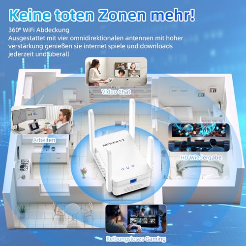 NEWFAST WLAN Verstärker,3000Mbps WLAN Repeater WiFi 6 Extender mit 4 Schwenkbare Antenne,WPS,MU-MIMO,Unterstützung Repeater/Router/Ap Modus für Zuhause und Büro,1-Tippen Einrichten,Signalstabilität