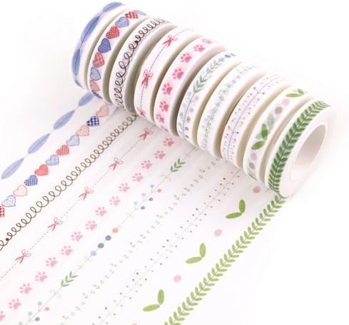 10 Rolls Washi Masking Tape Set(8mm Width), Fresh Style DIY Decorative Craft Tape Collection for DIY Scrapbook and Gift Wrapping