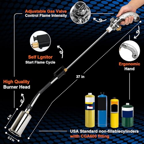 Propane Torch Weed Burner,37" Extended Blow Torch with Flame Control Valve, Flame Thrower Detachable Long Arm,Burner Torches for Outside, Yard,Garden,BBQ,Weeding,Wood,Melting Snow