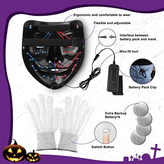STONCH Halloween Glow Mask Skeleton Gloves Set, 3 Modes Light Up Scary LED Mask with LED Glow Gloves, Halloween Costumes glow purge Masks