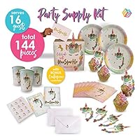 Unicorn Party Supplies| Invitation Cards w/Envelope, Scratch and Sniff Sticker Seals, Paper Plates, Napkins, Cups, Cupcake Toppers, 144 pieces of Magical Decorations and Tableware Perfect for All Occasions