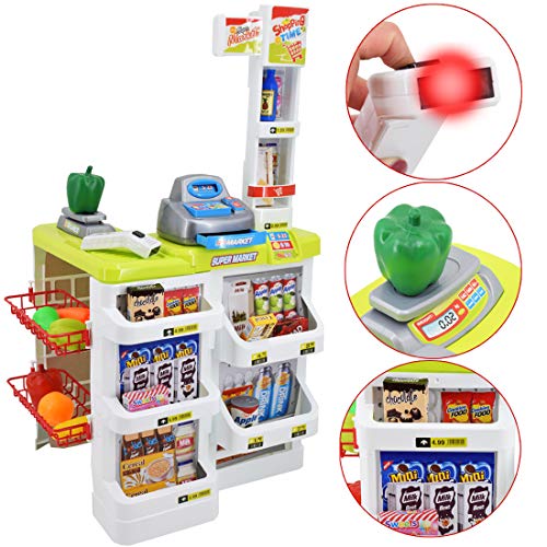 deAO SPMW Kinder-Supermarkt-Spielset mit Einkaufswagen und über 20 Spiel-Lebensmittel-Zubehör, Mehrfarbig – Bild 5