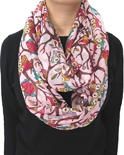 Nexxgen Fashion Infinity Scarfs for Women 50 Styles Animal Print American Flag (Cute Owl- Pink)