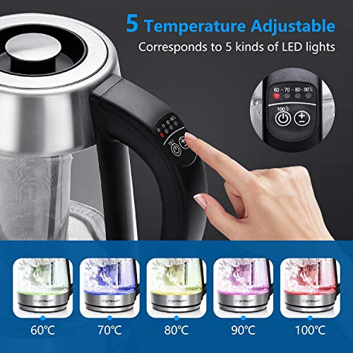 Aigostar Glas Wasserkocher mit Temperatureinstellung 1,7L, 2-in-1 Teekocher mit Edelstahl Teesieb, Temperaturwahl 60°-100°C Farbwechsel LED Beleuchtung, 120 Minuten Warmhaltefunktion, BPA-Frei – Bild 3