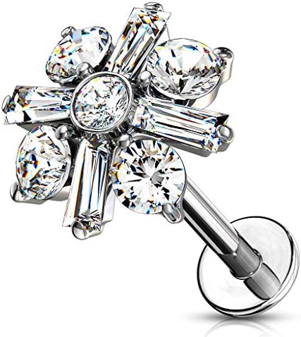 Blue Palm Jewelry CZ Center with Round and Baguette Crystal Petals 316L Surgical Steel Internally Threaded Labret, Monroe, Cartilage Studs L207