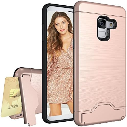 Galaxy A8 Plus Phone Case,iLovey Card Slot Holder Dual Layer Heavy Duty Shock Absorbent Protective Hybrid Cover Case with Credit Card Slot and Kickstand for Samsung Galaxy A8 Plus(2018)- Rosegold