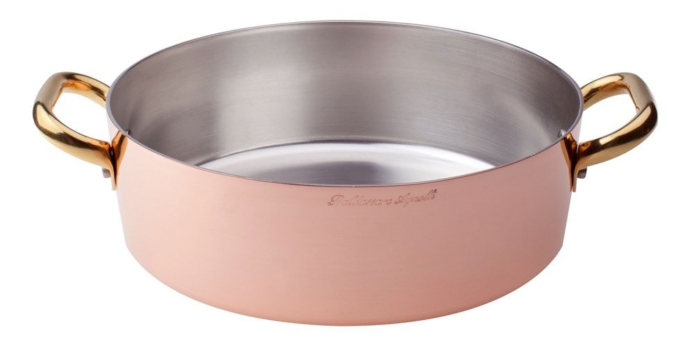 Pentole Agnelli ALCU10632 Low Copper Casserole with 2 Brass Handles, Hand-Tinned Smooth Copper, 32 cm
