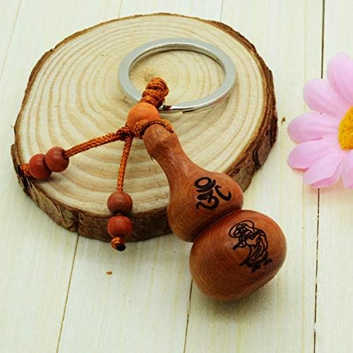 Feng Shui Peach Wood Carved Wulou Hu Lu Key Chain Ring Amulet for Protection