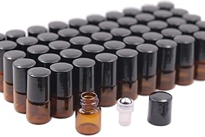USROMMANER 50 Pack 1ml Amber Glass Vials Roll On Bottle,Glass Roller Bottle With Stainless Steel Roller Ball,Black Cap Lid-Perfect Sample For Essential Oils,Aromatherapy,No Leak,Free Opener&Dropper