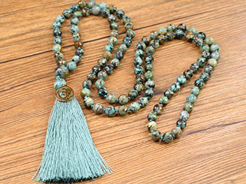 COAI OM Charm Hand Knotted Tassel 108 Mala Beads African Turquoise Stone Beaded Necklace
