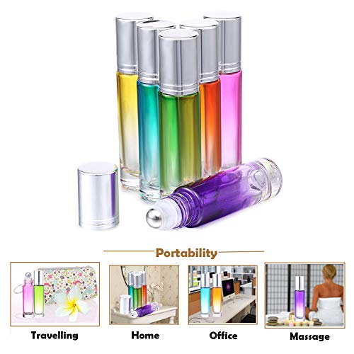 Glass Essential Oil Roller Bottles Empty Bottles 6 Pack with 1 Extra Stainless Steel Roller Ball 8 Black Labels 1 Opener 1 Funnel 1 Dropper (Silver)