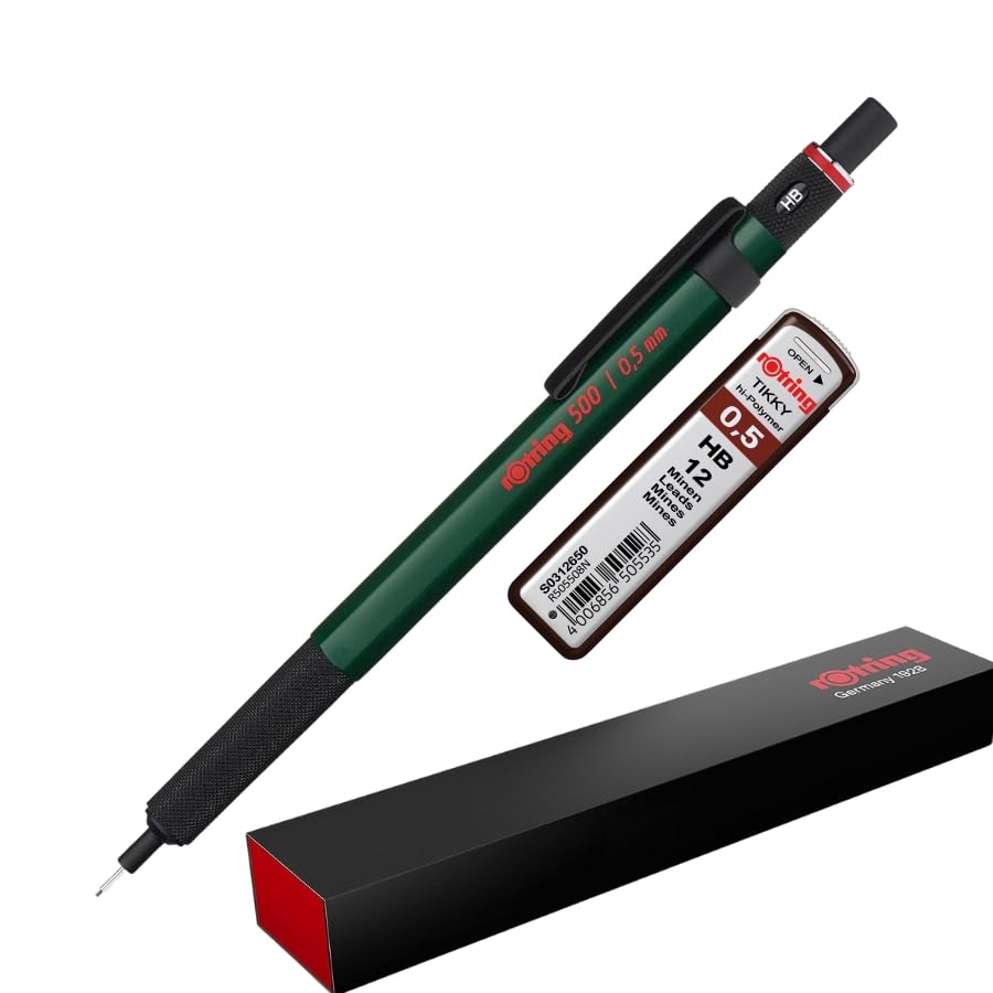 rOtring 500 Mechanical Pencil | 12 x 0.5mm HB Leads | Green hexagonal plastic barrel and non-slip textured metal grip