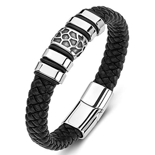 AIZU Brazalete de cuero trenzado - Negro, marrón, azul, brazalete de cuero genuino tejido con cierre magnético de acero inoxidable para brazalete de pulsera para hombres - Brazalete cristiano cruzado para hombre de cuero