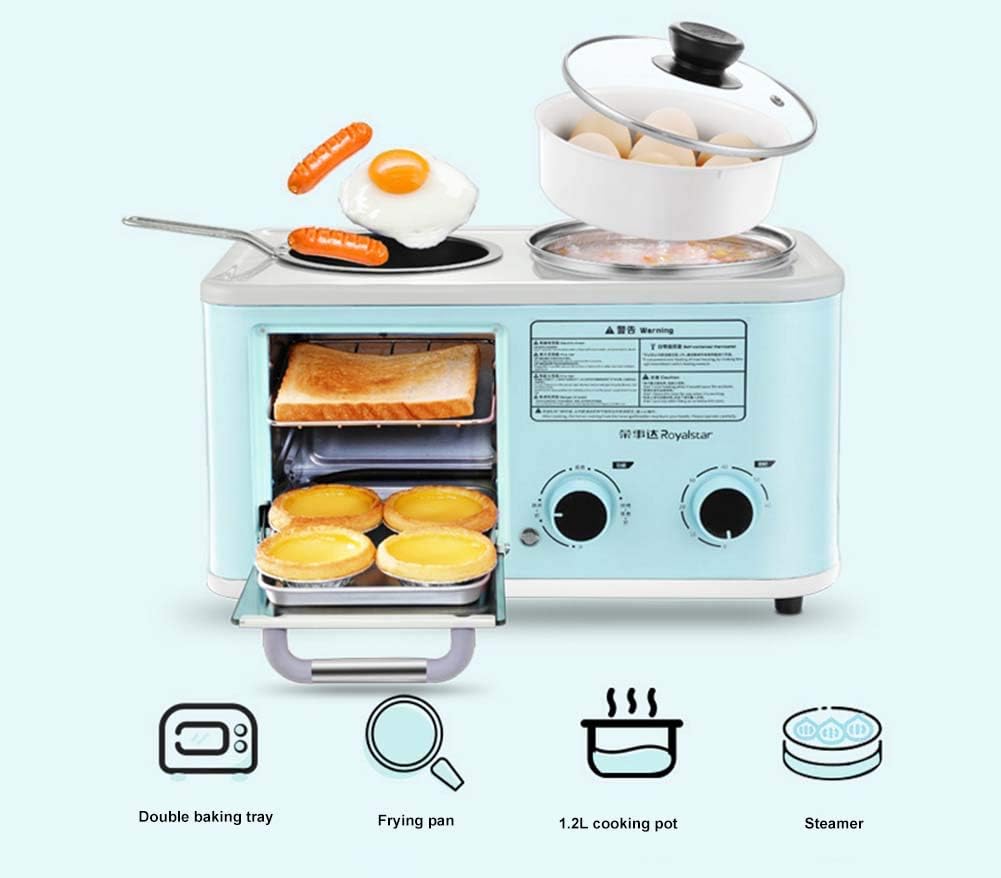 JINRU Electric 3 in 1 Household Breakfast Machine Mini Bread Toaster Baking Oven Omelette Frying Pan Cooking Pot Food Steamer,Blue