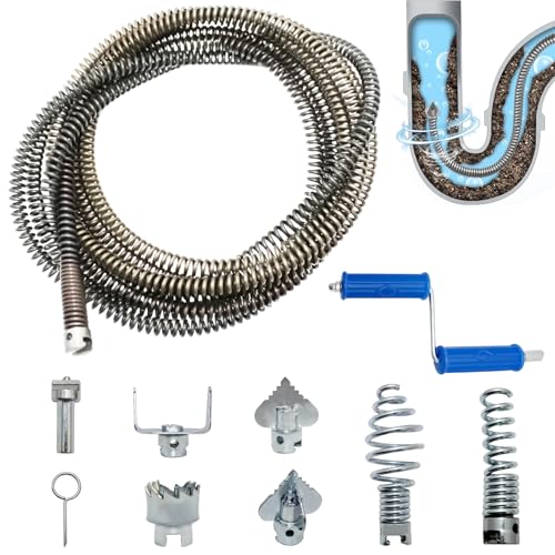 Professional Drain Unblocker 5 m x 12 mm, Sink Unblocker with Crank, 8 Pieces Dredging Cleaner Electric Adapters, Practical and Effective Unblocker for Toilets, Sinks and Drains