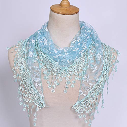❤️ Maonet Clearance Lace Tassel Sheer Burnt-out Floral Print Triangle Mantilla Scarf Shawl Neck Wrap (Blue)