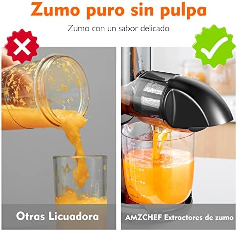 AMZCHEF Espremedor de pressão a frio - Extrator de sumos e vegetais - Espremedores para sumos com 2 tanques e escova - Máquina de espremedor lento de pressão a frio com função de mastigação inversa - Prata