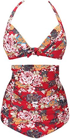 Cuteplus 50S Retro Vintage Floral Print High Waist Bikini SwimSuit for Women Girls