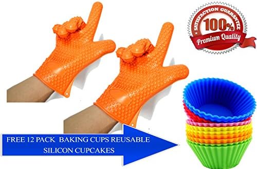 Best Silicone BBQ Cooking Gloves-Grill Gloves, Heat Resistance Cooking Gloves Not Slip Gloves Potholder-Plus No. 1 Silicone Cupcake Liners 12 Pack Baking Cups Reusable &amp; Nonstick Muffin Molds (Orange)