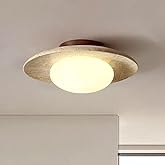 WOSBO Yellow Travertine Ceiling Light, 9.8" Wabi Sabi Light Fixture with Round Travertine Stone Lampshade, Mid Century Flush 