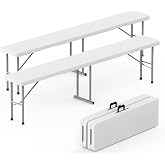 Folding Bench 6 ft, 2Pcs Foldable Plastic Bench with Handle &amp; HDPE Tabletop | Portable Bench Seat, Indoor Outdoor Use, for Picnic Party Camping, White