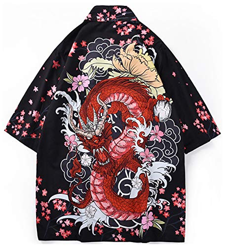 LifeHe Men's Japanese Dragon Printed Cotton Blends Linen Kimono Cardigan Jackets Top (Black, M) - Thumbnail 6