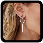 Allereyae Vintage Vertical Bar Earrings Silver Bar Dangle Earrings Hollow Circle Earring Minimalist Circle Drop Earring Jewelry for Women