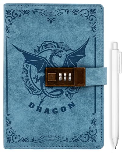 CAGIE Diary with Lock for Women Men Refillable Lock Diary with Pen, Dragon Journal with lock 224 Pages Locking Journal for Gifts, 5.5 x 8 Inch, Blue